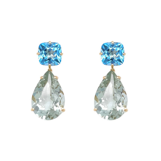 18ct Yellow Gold Green Amethyst and Blue Topaz Drop Earrings