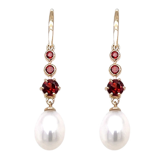 9ct Yellow Gold Garnet and Pearl Drop Earrings
