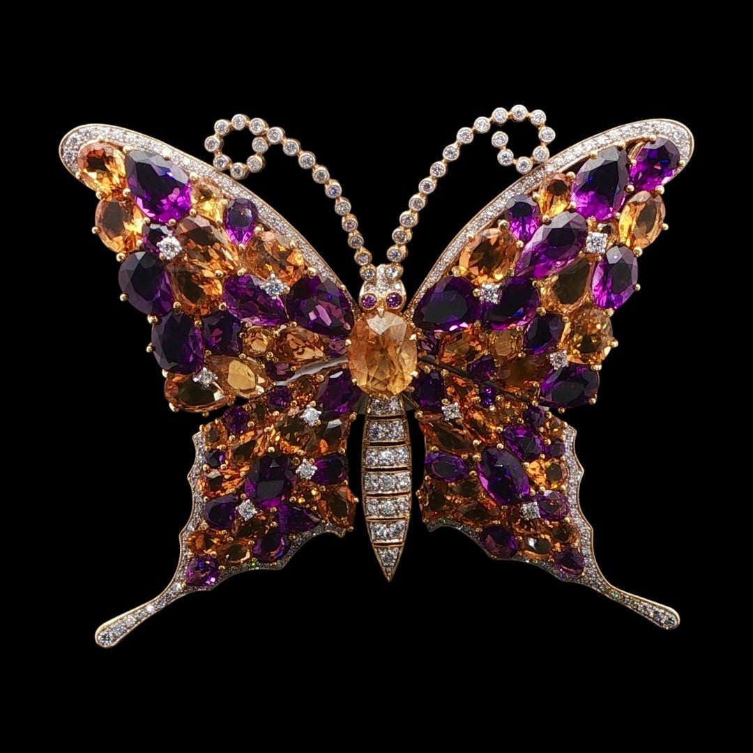 18ct Yellow Gold Amethyst, Citrine and Diamond Butterfly Brooch