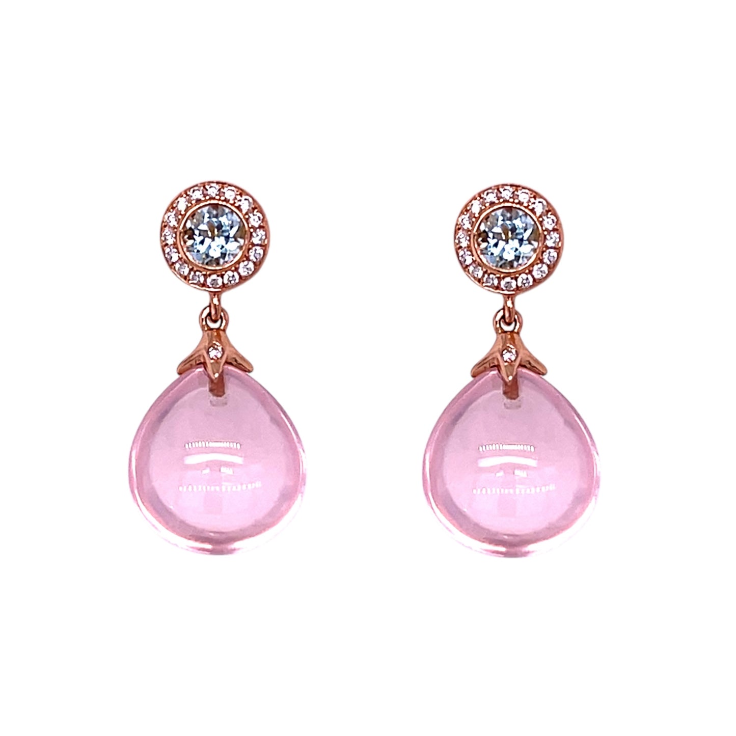 18ct Rose Gold Rose Quartz, Aquamarine and Diamond Drop Earrings