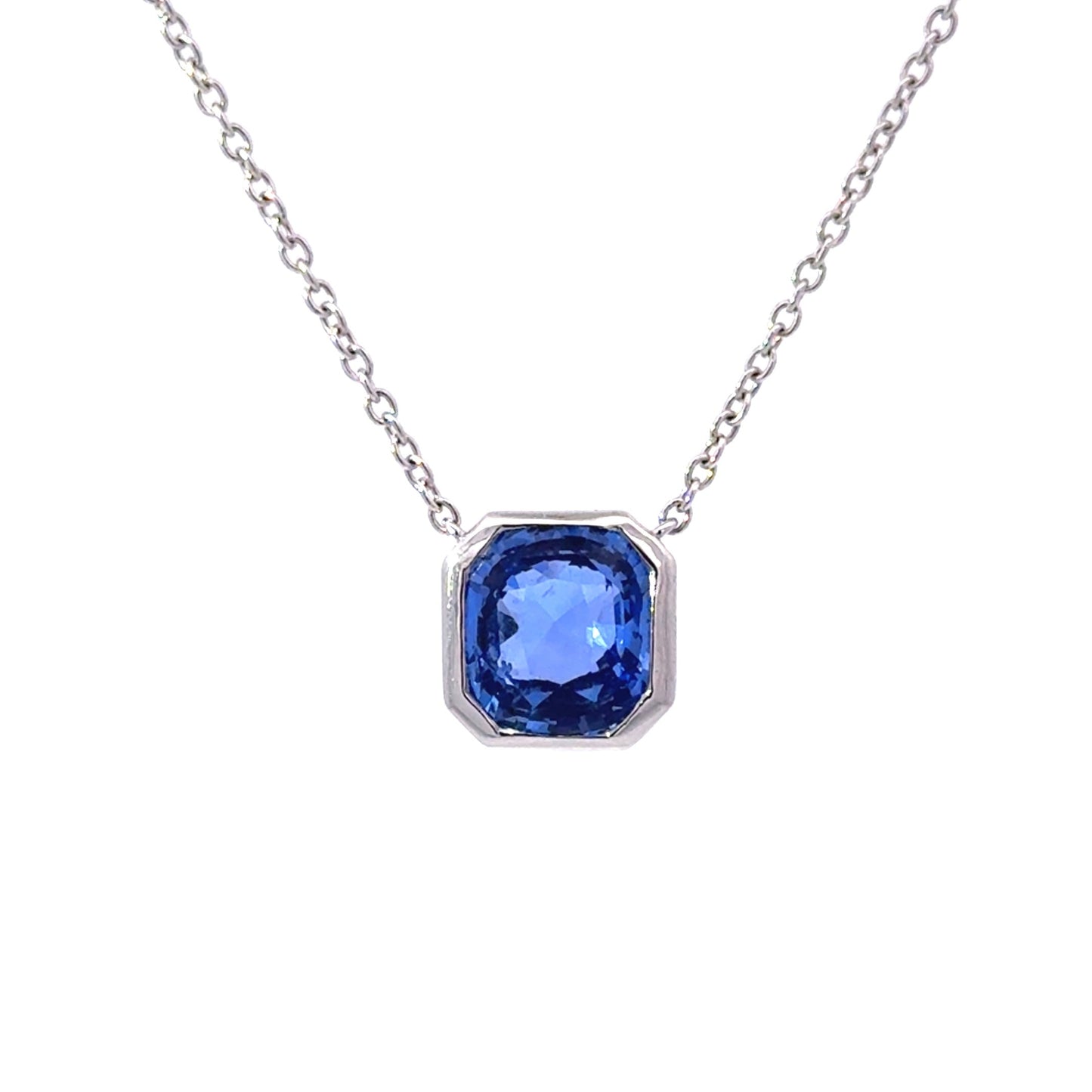 18ct White Gold Asscher Cut Blue Sapphire Pendant