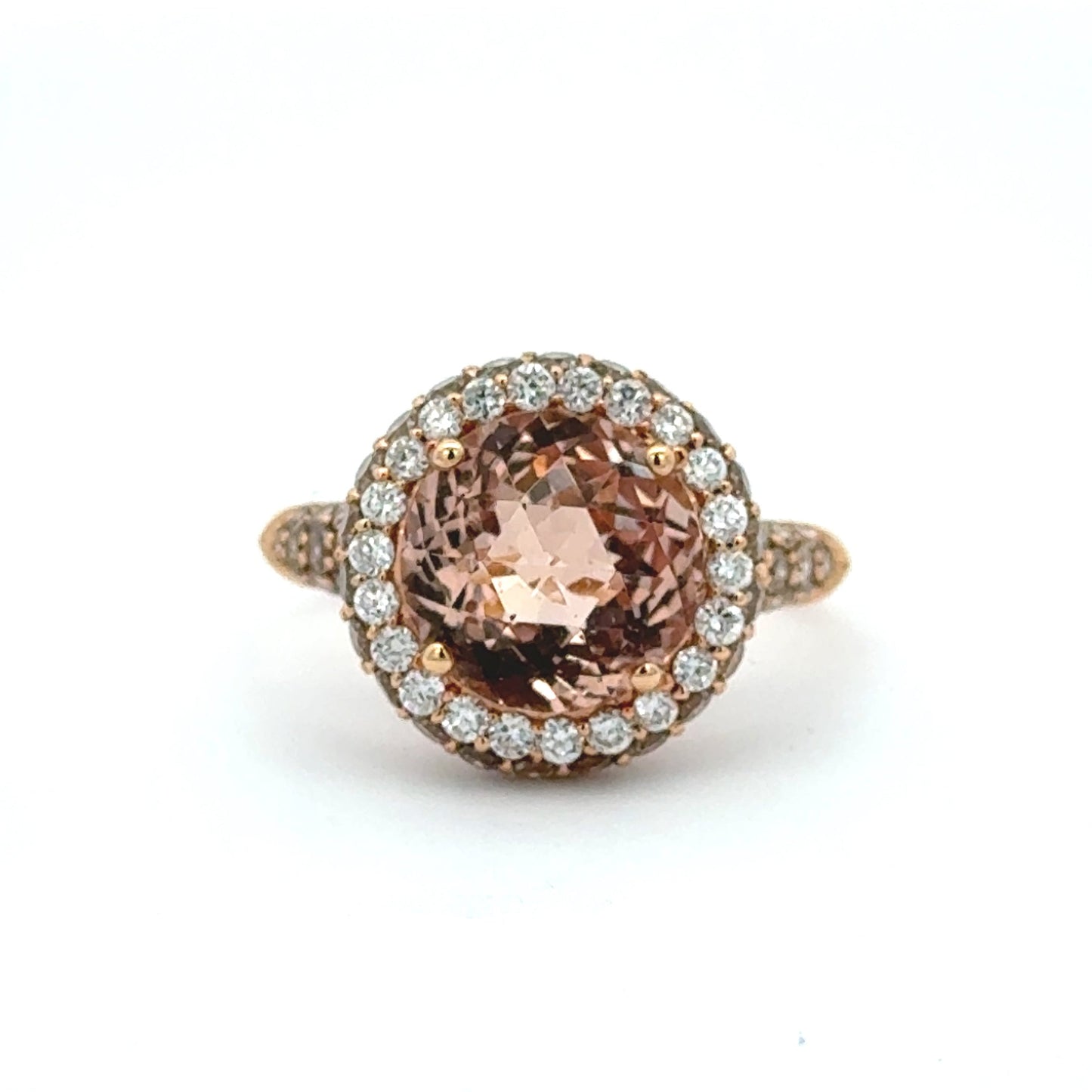 18ct Yellow Gold Morganite, Champagne Diamond with Diamond Halo Ring