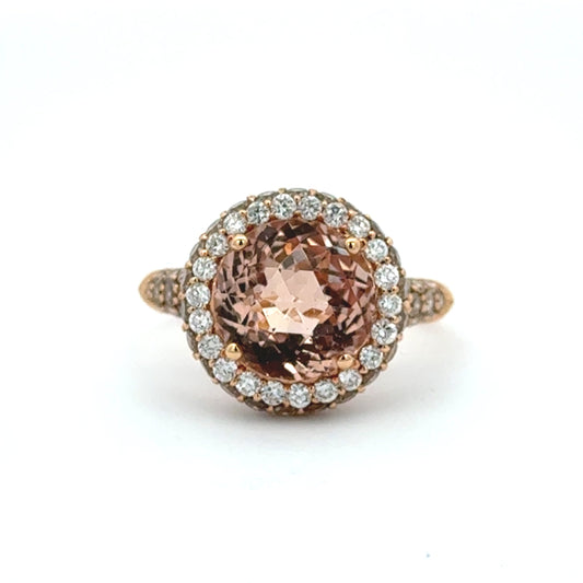 18ct Yellow Gold Morganite, Champagne Diamond with Diamond Halo Ring