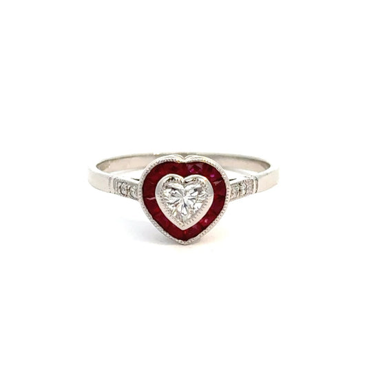 Platinum Diamond and Ruby Heart Ring – 0.25ct Diamond, 0.54ct Ruby