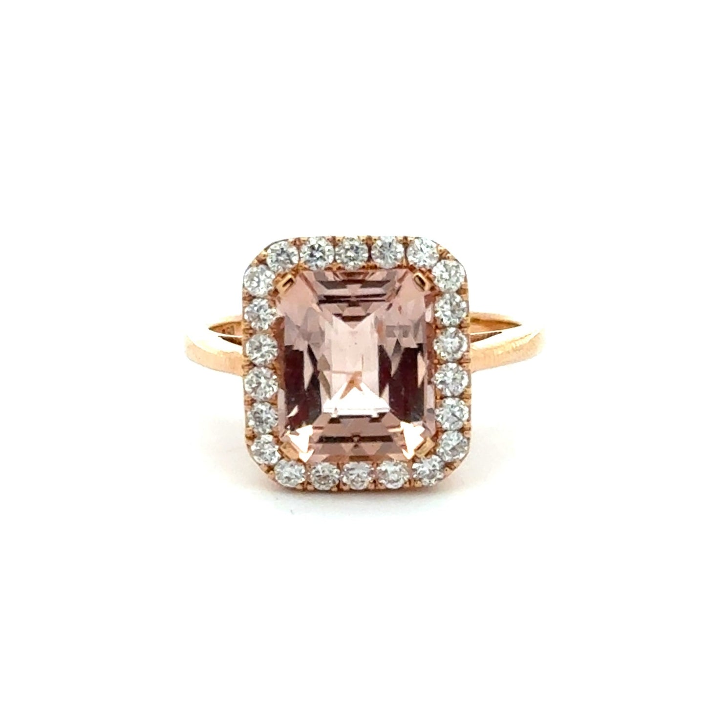 18ct Rose Gold Morganite and Diamond Halo Ring