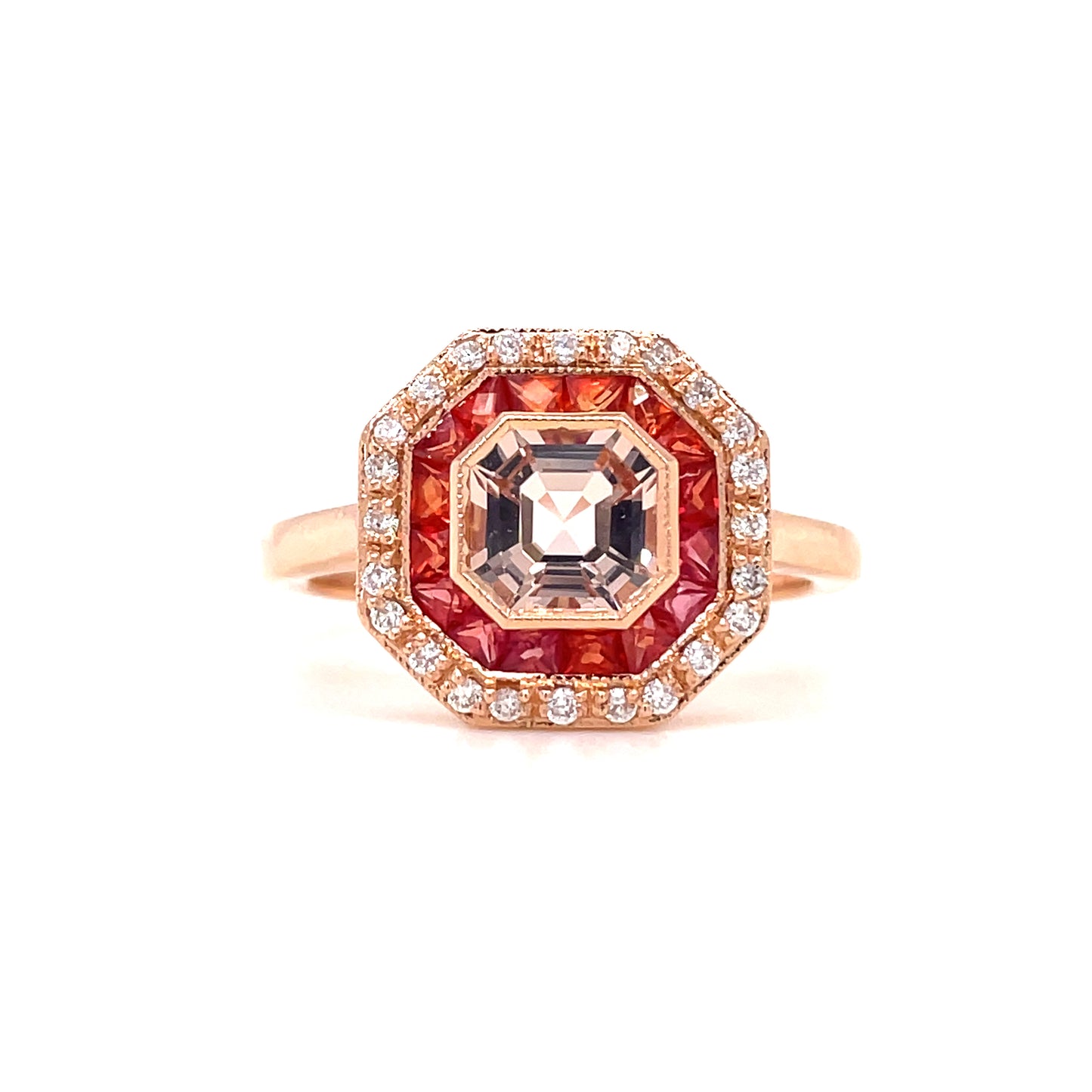 18ct Rose Gold Morganite, Orange Sapphire and Diamond Halo Ring