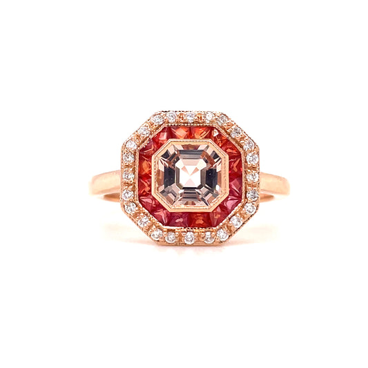 18ct Rose Gold Morganite, Orange Sapphire and Diamond Halo Ring