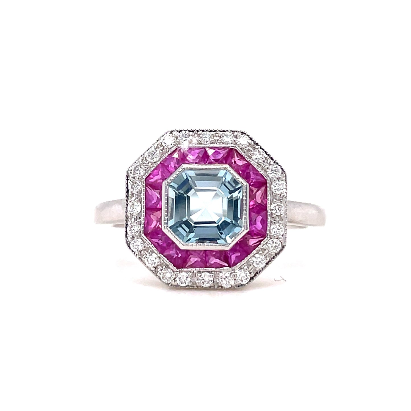 18ct White Gold Asscher Cut Aquamarine, Ruby and Diamond Halo Ring