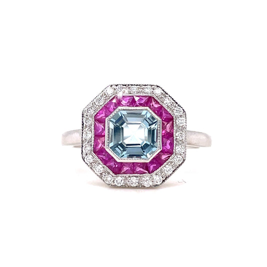 18ct White Gold Asscher Cut Aquamarine, Ruby and Diamond Halo Ring