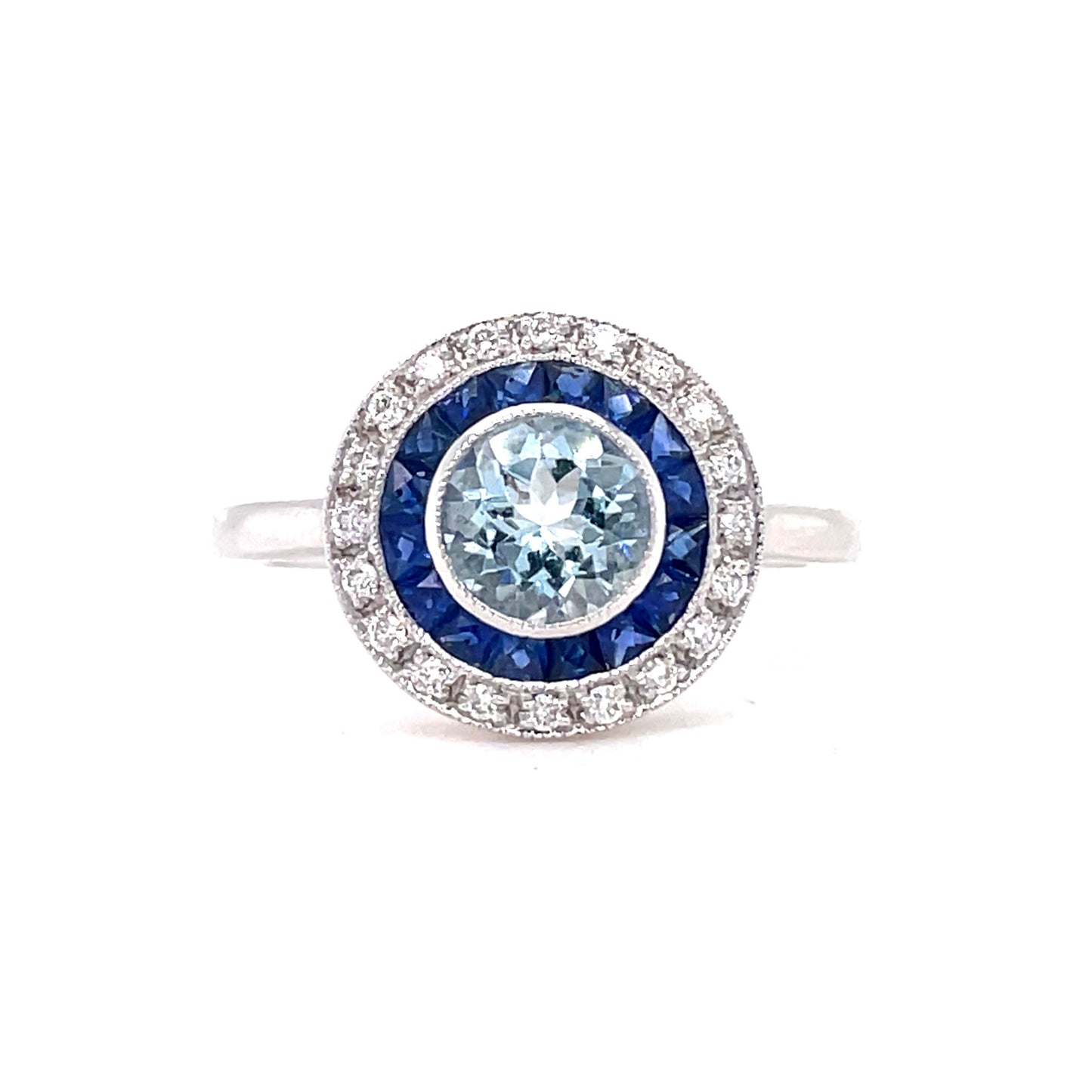 18ct White Gold Aquamarine, Sapphire and Diamond Halo Ring