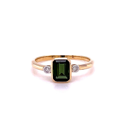 9ct Yellow Gold Green Tourmaline and Diamond Accent Ring
