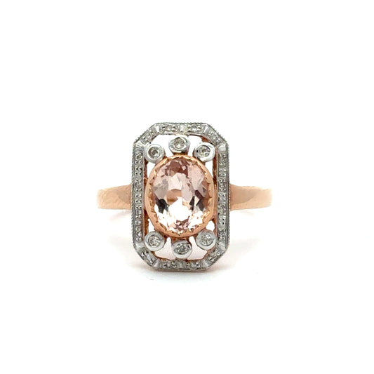9ct Rose Gold Vintage Style Morganite and Diamond Ring
