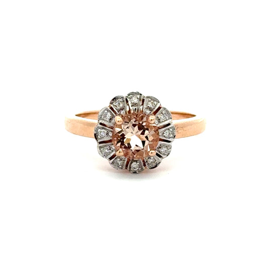 9ct Rose Gold Vintage Style Morganite and Diamond Halo Ring