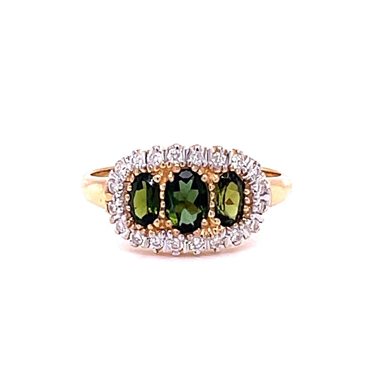 9ct Yellow Gold Oval Three Stone Green Tourmaline and Diamond Ring
