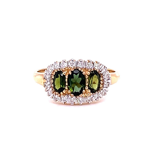 9ct Yellow Gold Oval Three Stone Green Tourmaline and Diamond Ring