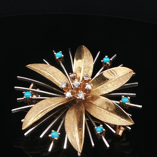18ct Yellow Gold Diamond and Turquoise Brooch