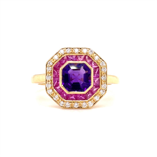 18ct Yellow Gold Amethyst Ruby and Diamond Halo Ring