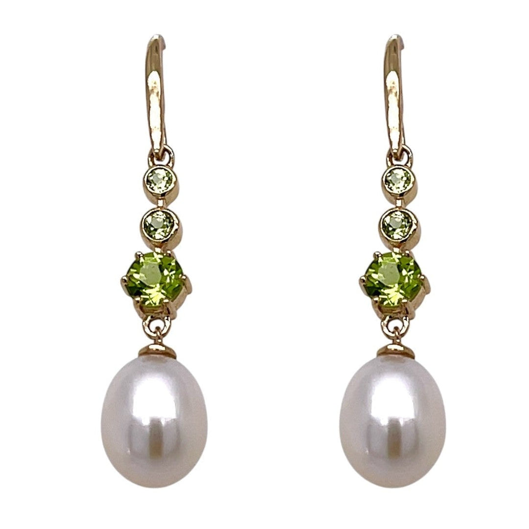 9ct Yellow Gold Peridot and Pearl Drop Earrings